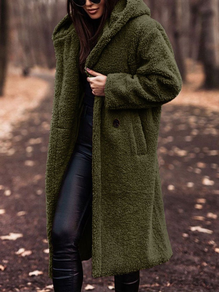 Oversized Teddy Overcoat with a Notch Collar and Deep Pockets in Green