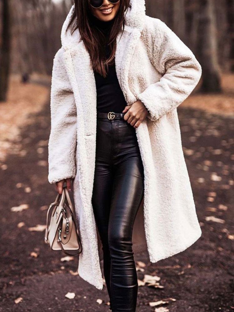 Oversized Teddy Overcoat with a Notch Collar and Deep Pockets in White