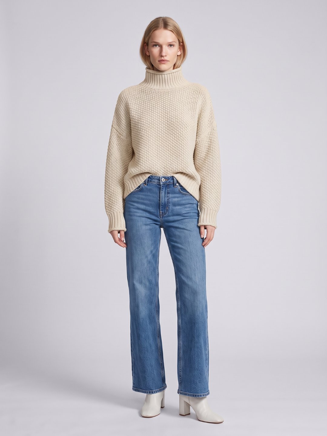 Oversized Waffle Knit Turtleneck Sweater with Ribbed Trims in White