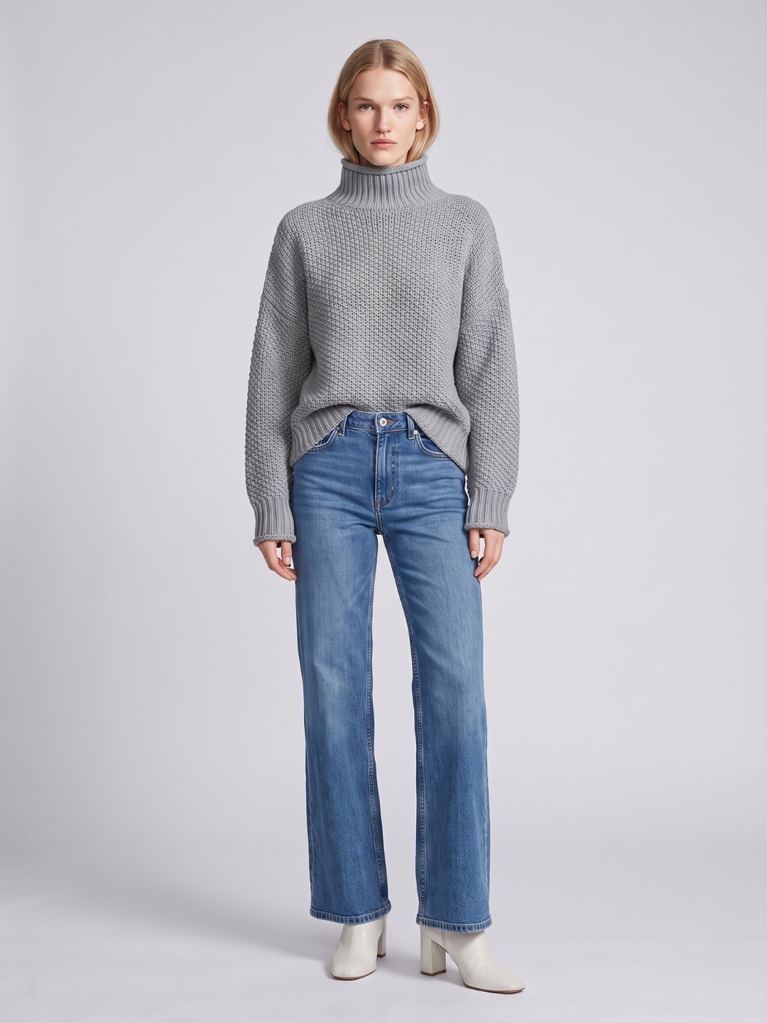 Oversized Waffle Knit Turtleneck Sweater with Ribbed Trims in Grey
