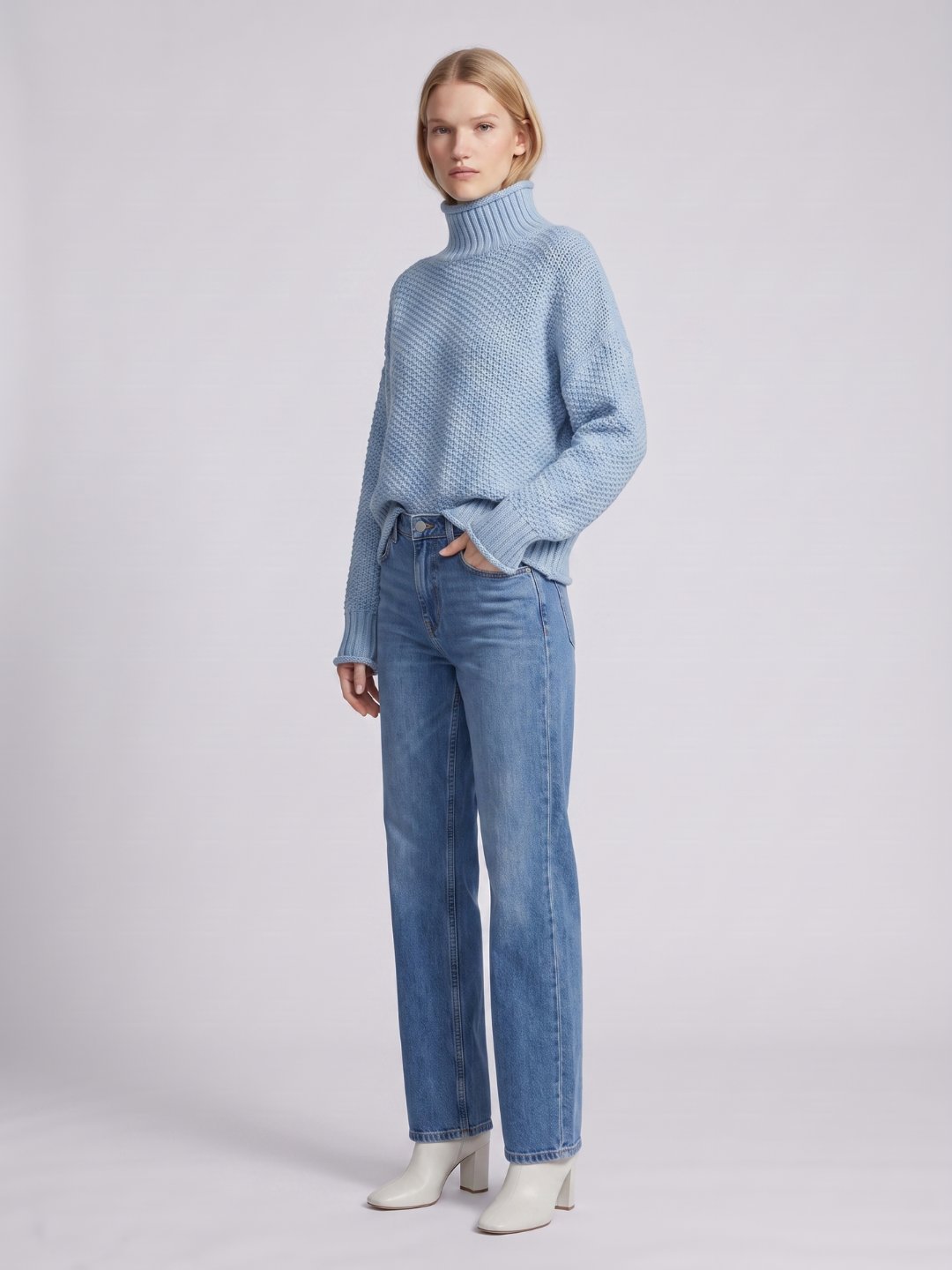Oversized Waffle Knit Turtleneck Sweater with Ribbed Trims