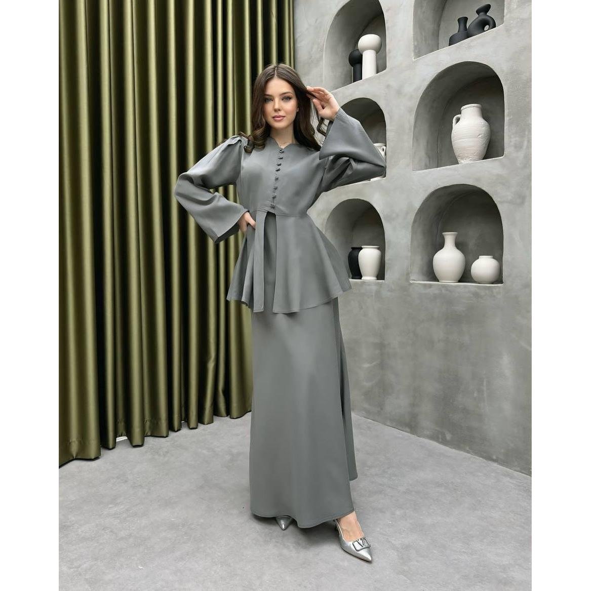 Peplum Top and Maxi Skirt Set with a Button Front and Full Sleeves in Grey
