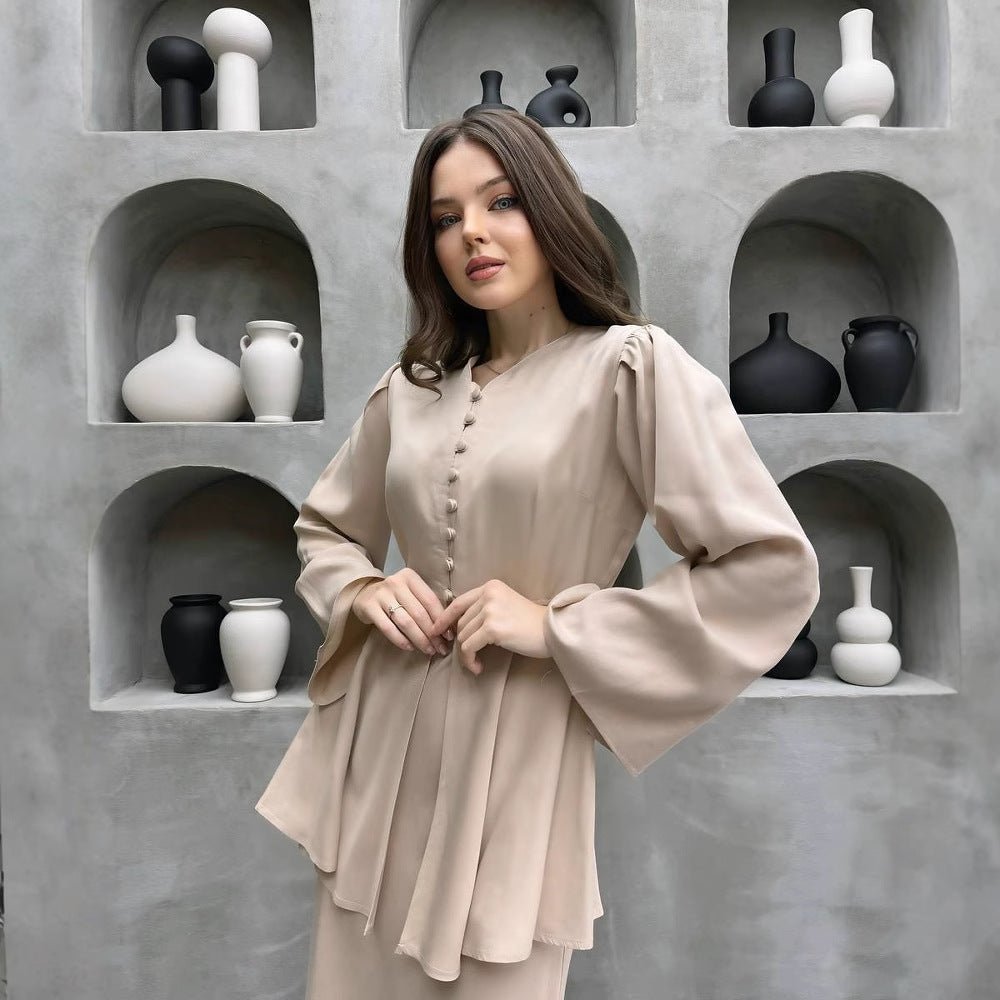Peplum Top and Maxi Skirt Set with a Button Front and Full Sleeves