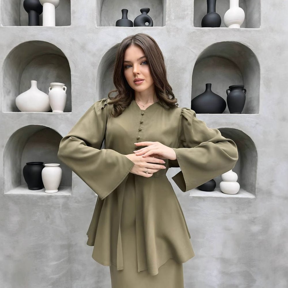 Peplum Top and Maxi Skirt Set with a Button Front and Full Sleeves