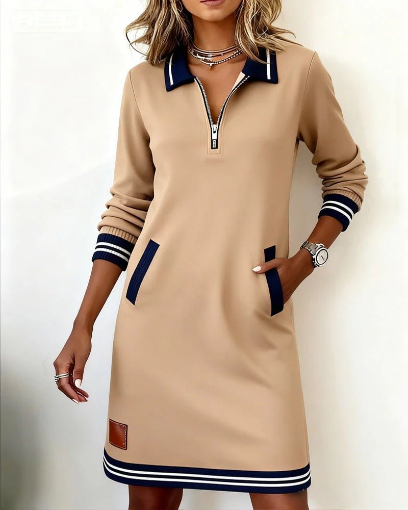 Quarter Zip Knit Midi Dress with Contrast Collar and Pockets