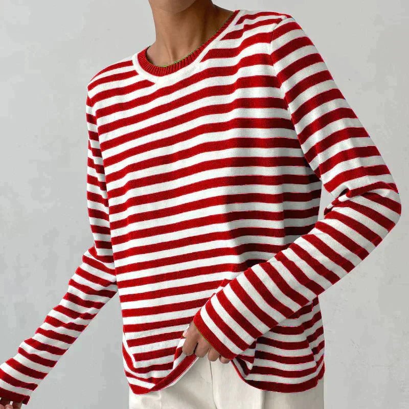 Relaxed Striped Sweater with a Crew Neck and Long Sleeves in Red