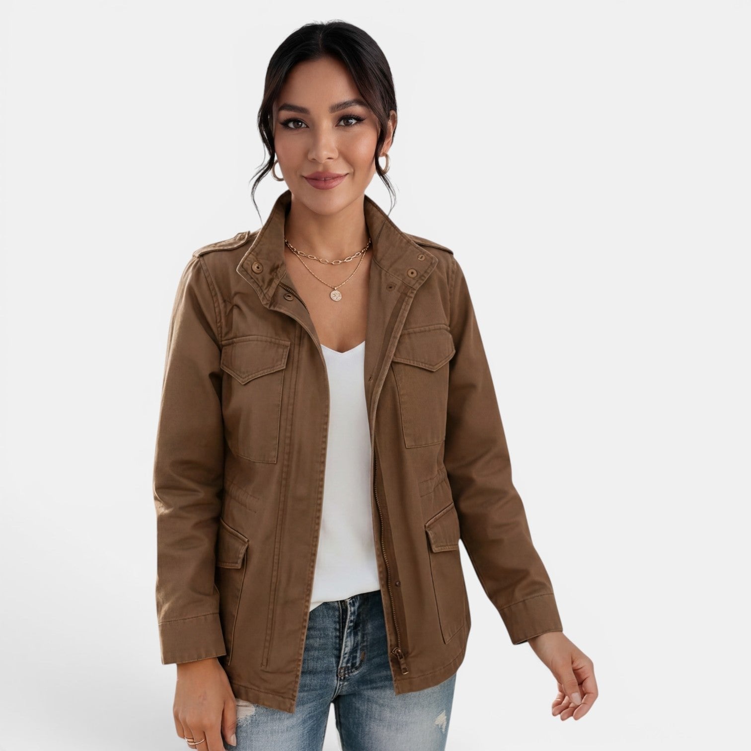 Relaxed Utility Jacket with Flap Pockets and a Snap Front in Brown