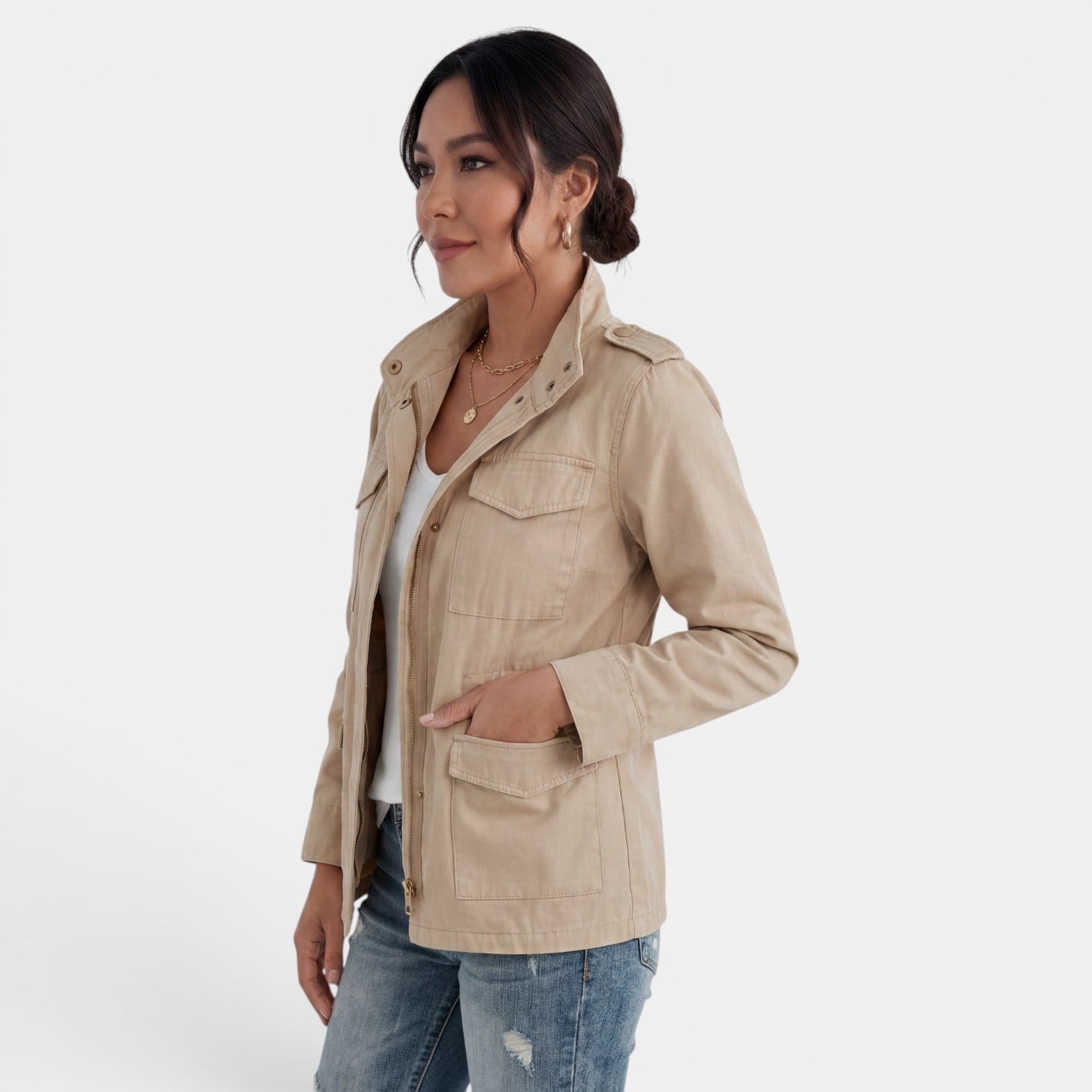 Relaxed Utility Jacket with Flap Pockets and a Snap Front