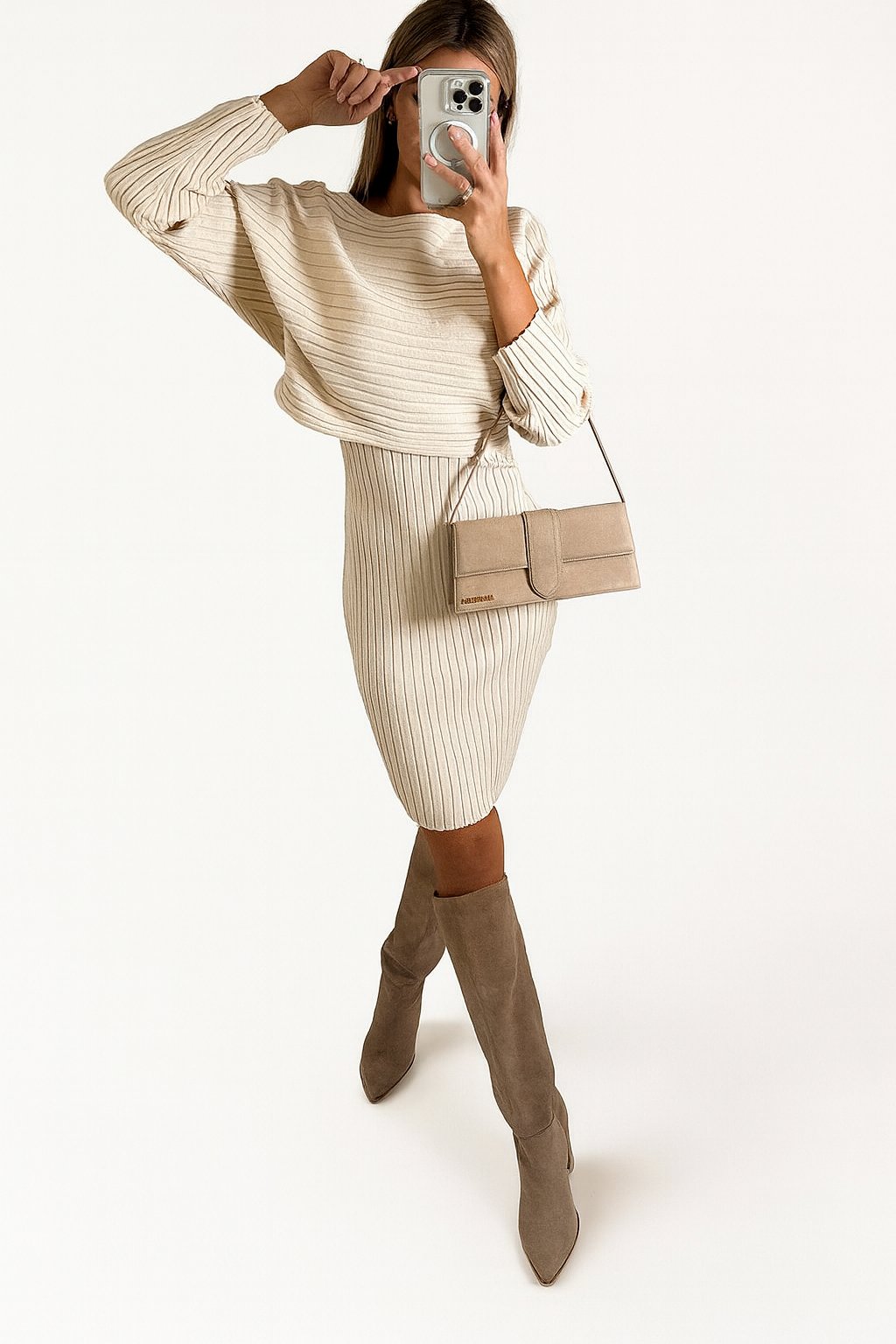 Ribbed Knit Two-Piece Set with a Boat Neck and Long Sleeves