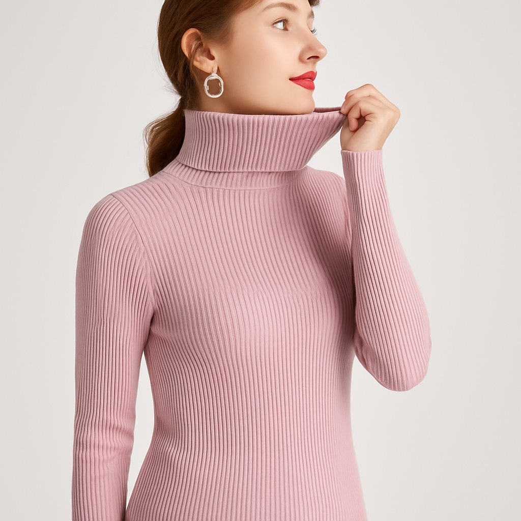 Ribbed Turtleneck Sweater with a Slim Fit and Long Sleeves in Pink
