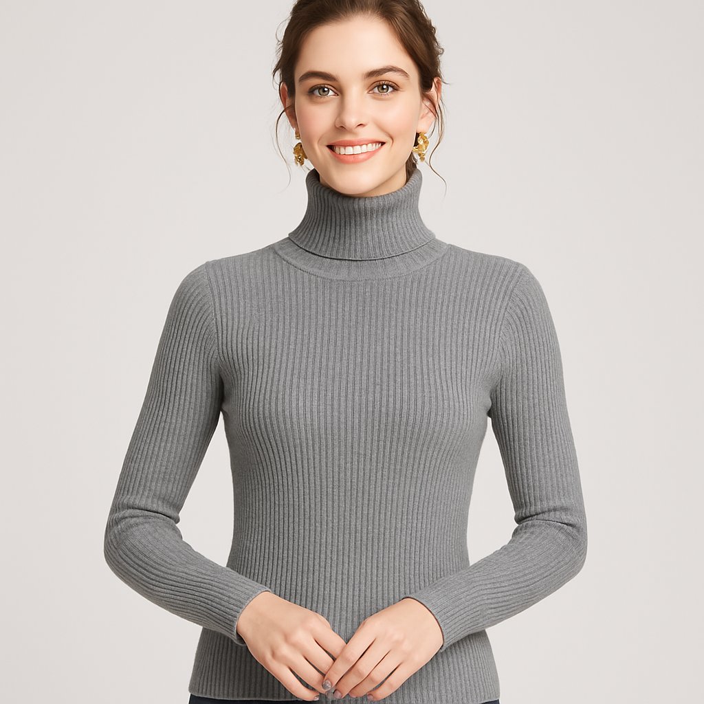 Ribbed Turtleneck Sweater with a Slim Fit and Long Sleeves in Grey