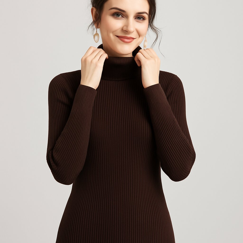 Ribbed Turtleneck Sweater with a Slim Fit and Long Sleeves in Coffee