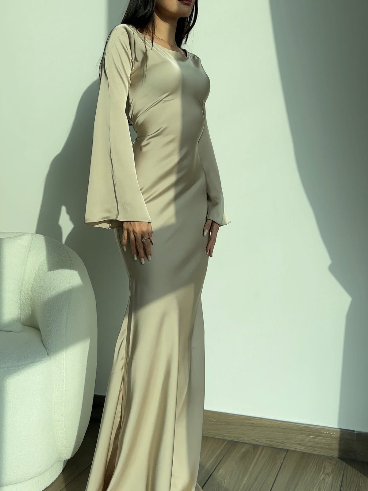 Satin Bodycon Maxi Dress with a Wide Neck and Flared Cuffs in Beige
