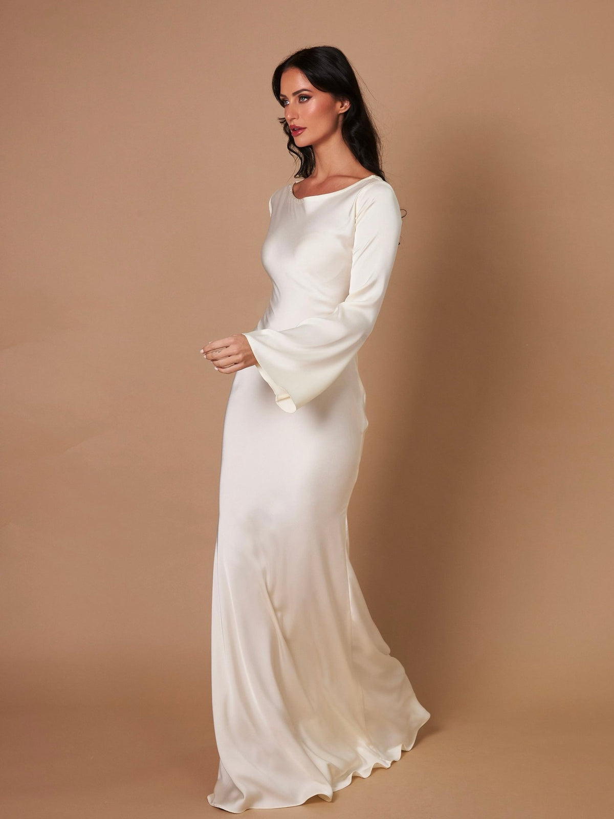 Satin Bodycon Maxi Dress with a Wide Neck and Flared Cuffs