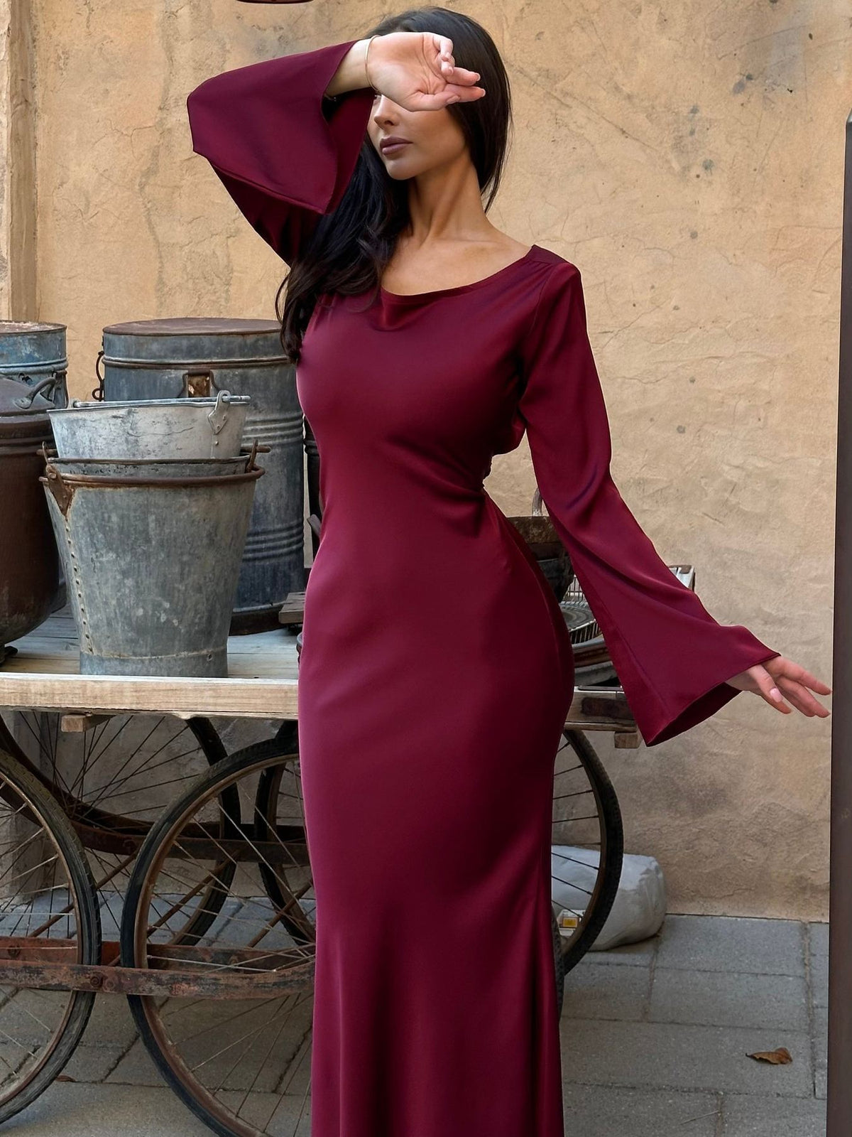 Satin Bodycon Maxi Dress with a Wide Neck and Flared Cuffs