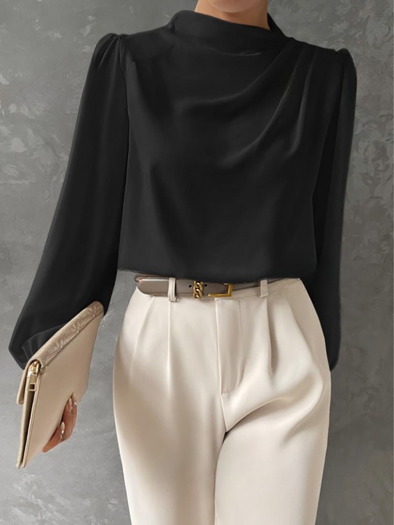 Satin Cowl Neck Blouse with Full Sleeves and a Relaxed Cut in Black