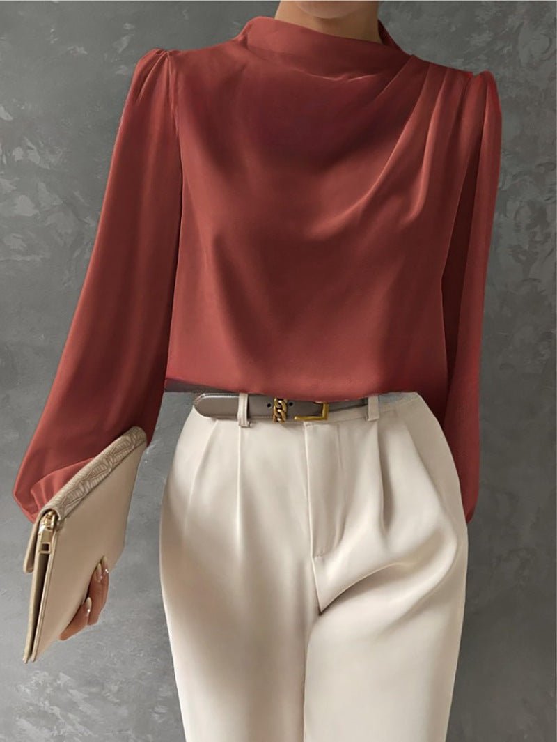 Satin Cowl Neck Blouse with Full Sleeves and a Relaxed Cut in Rust
