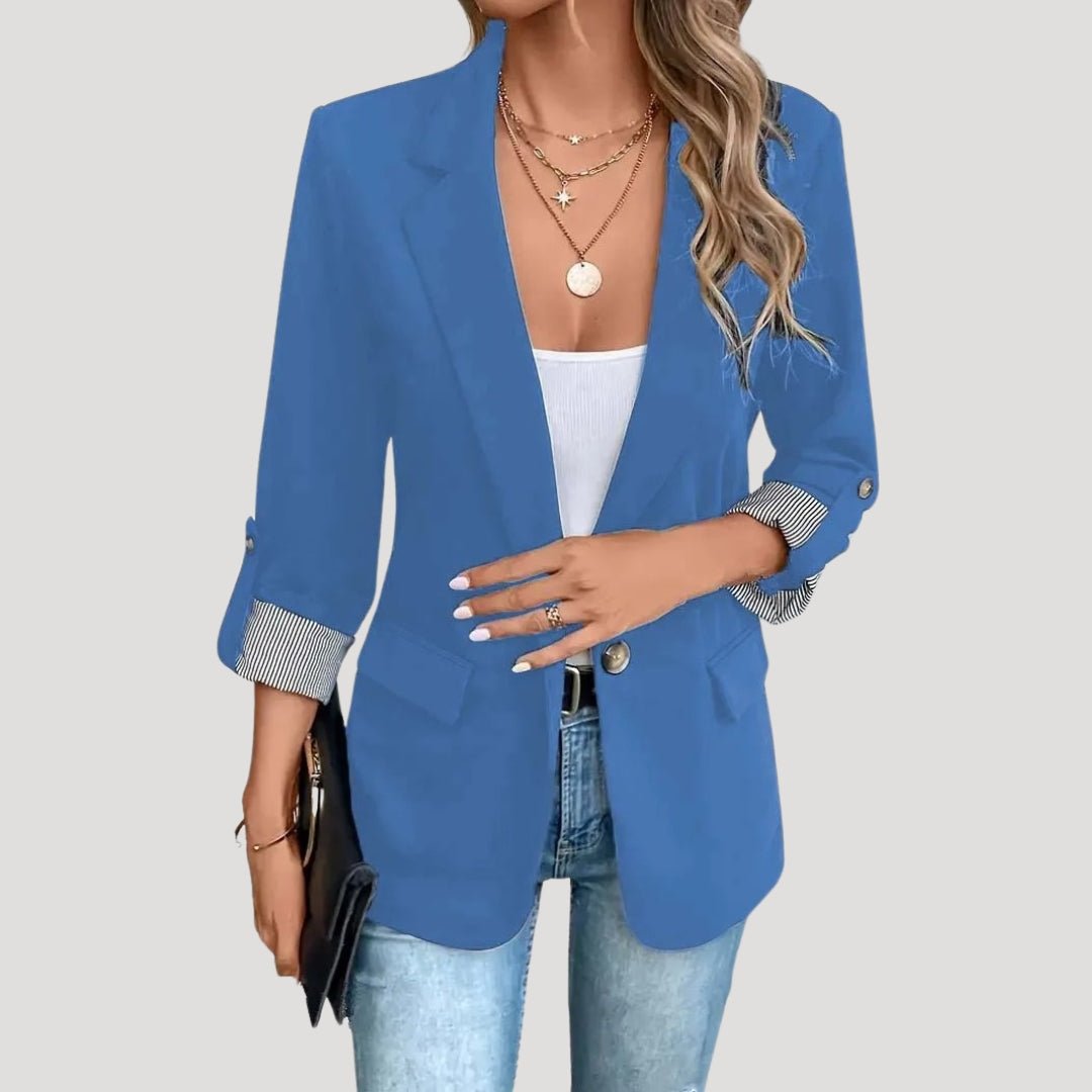 Single-Breasted Tailored Blazer with Roll-Up Sleeves in Blue