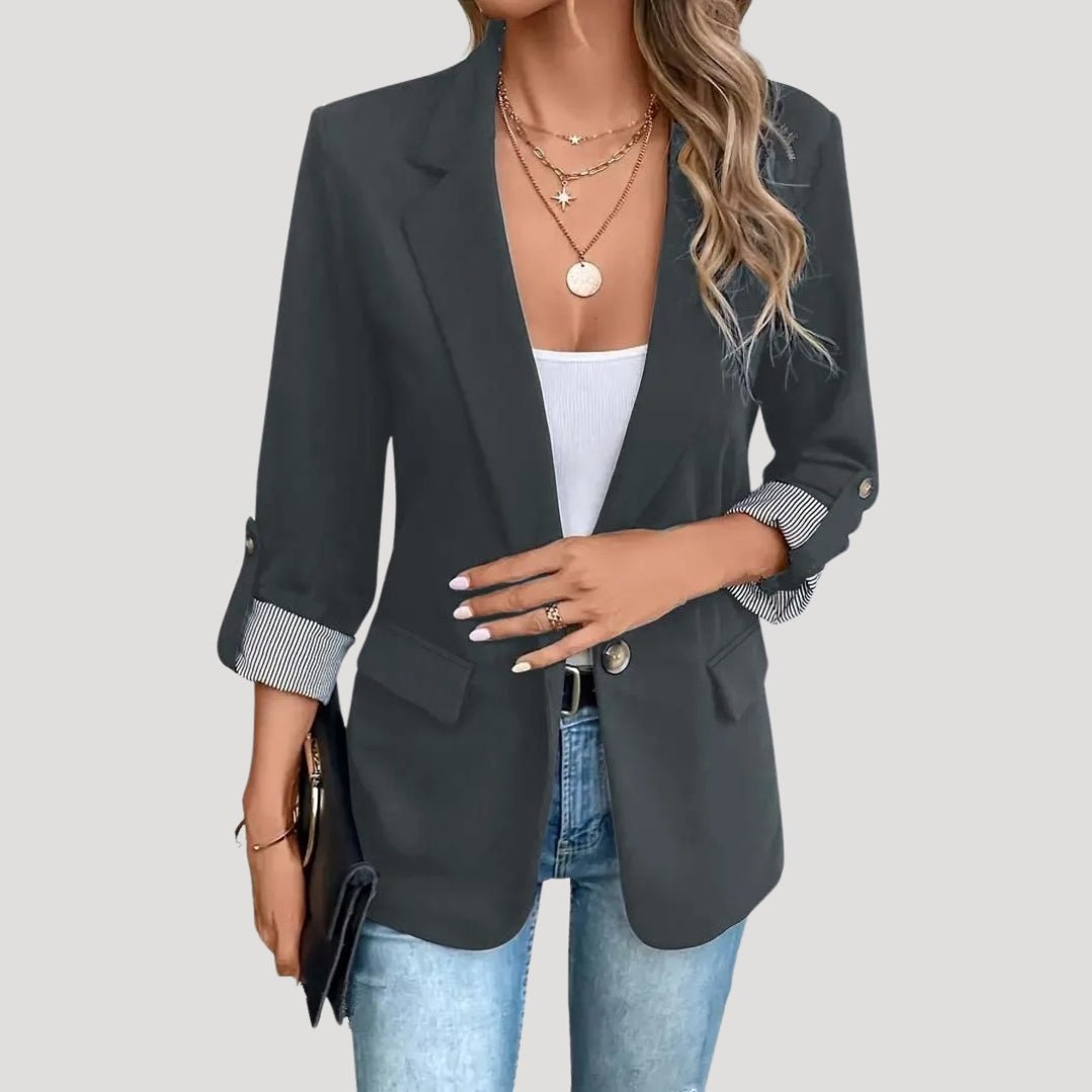 Single-Breasted Tailored Blazer with Roll-Up Sleeves in Grey