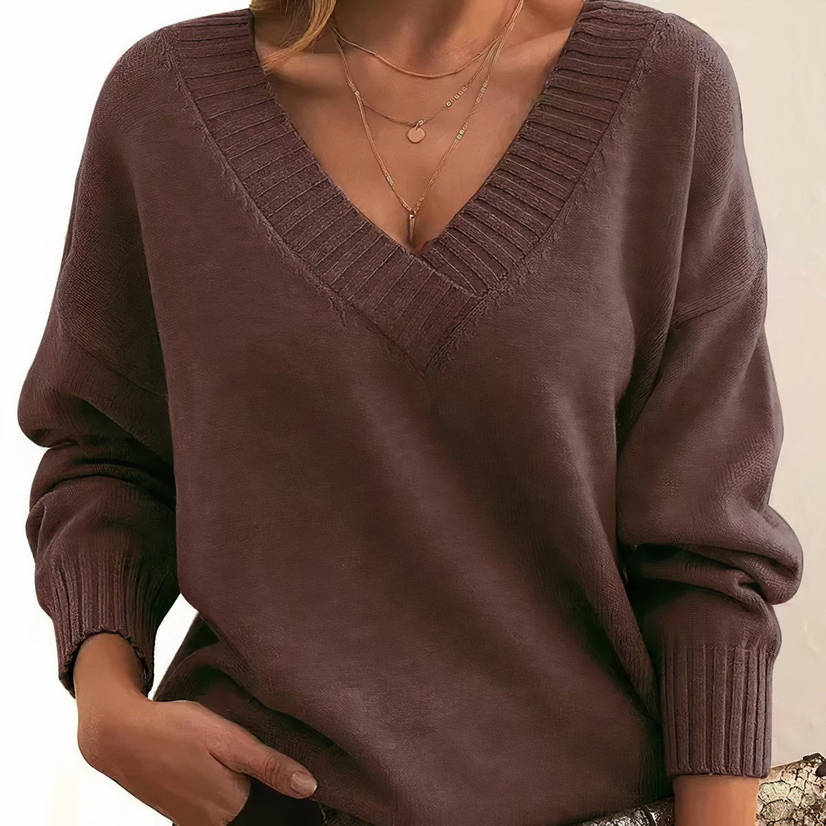 Soft-Touch V-Neck Sweater with Dropped Shoulders and Rib Cuffs in Coffee