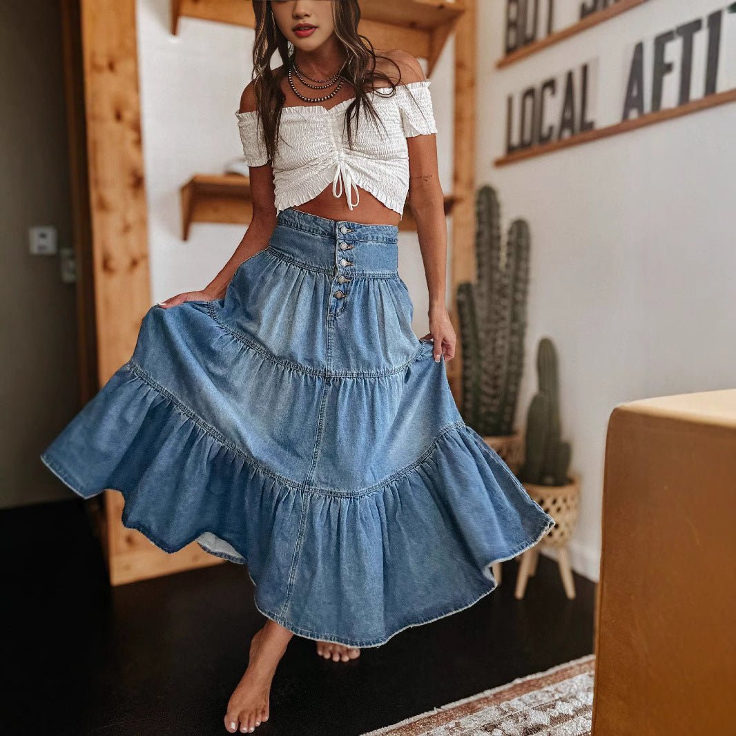 Tiered Denim Maxi Skirt with a Button Front and Raw Hem