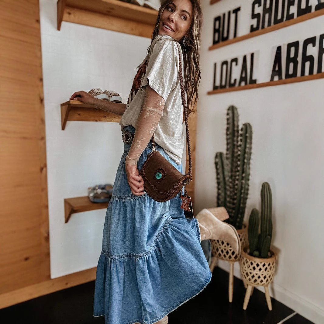 Tiered Denim Maxi Skirt with a Button Front and Raw Hem