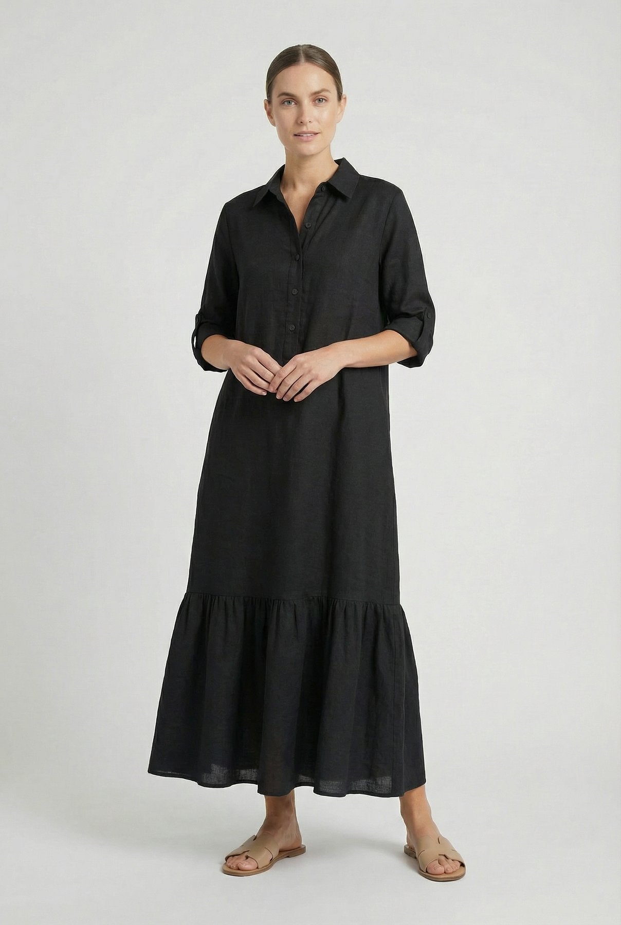 Tiered Shirt Maxi Dress with a Button Front and Roll-Up Sleeves in Black