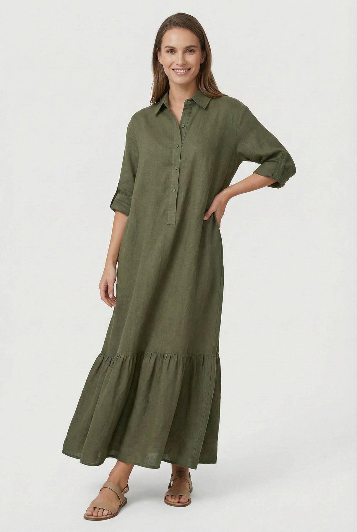Tiered Shirt Maxi Dress with a Button Front and Roll-Up Sleeves in Army Green