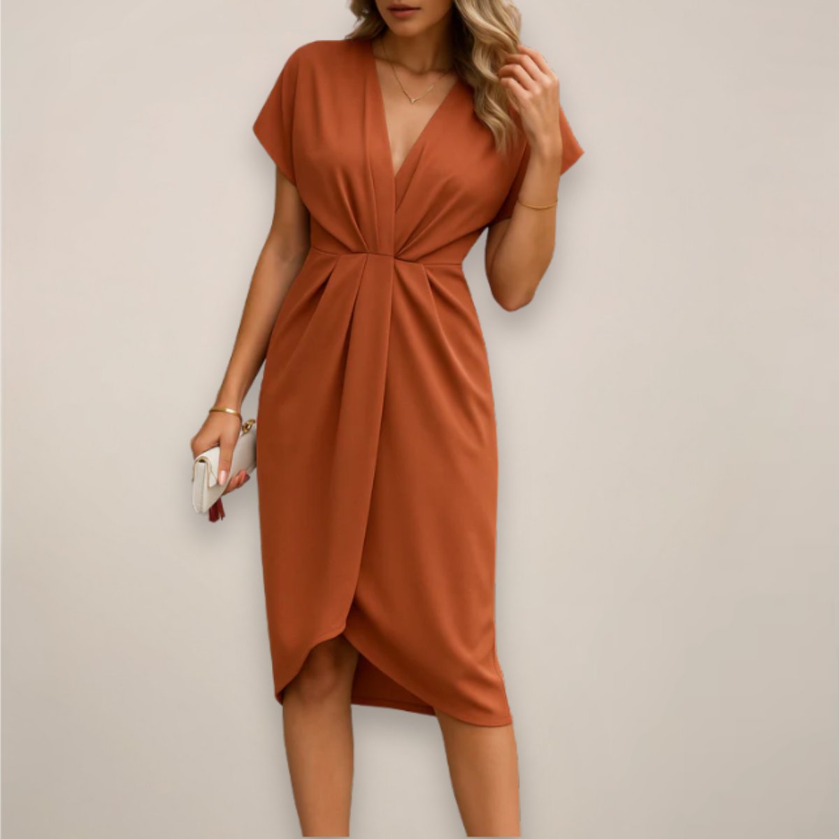 Twist Front Wrap Midi Dress with a Collar and a Front Slit in Rust
