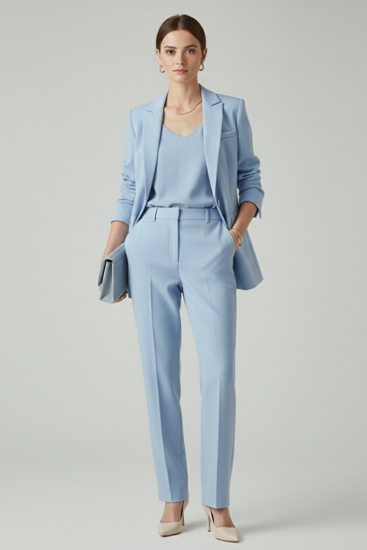 Two-Piece Suit Set with a Single-Breasted Blazer and Straight Legs in Blue