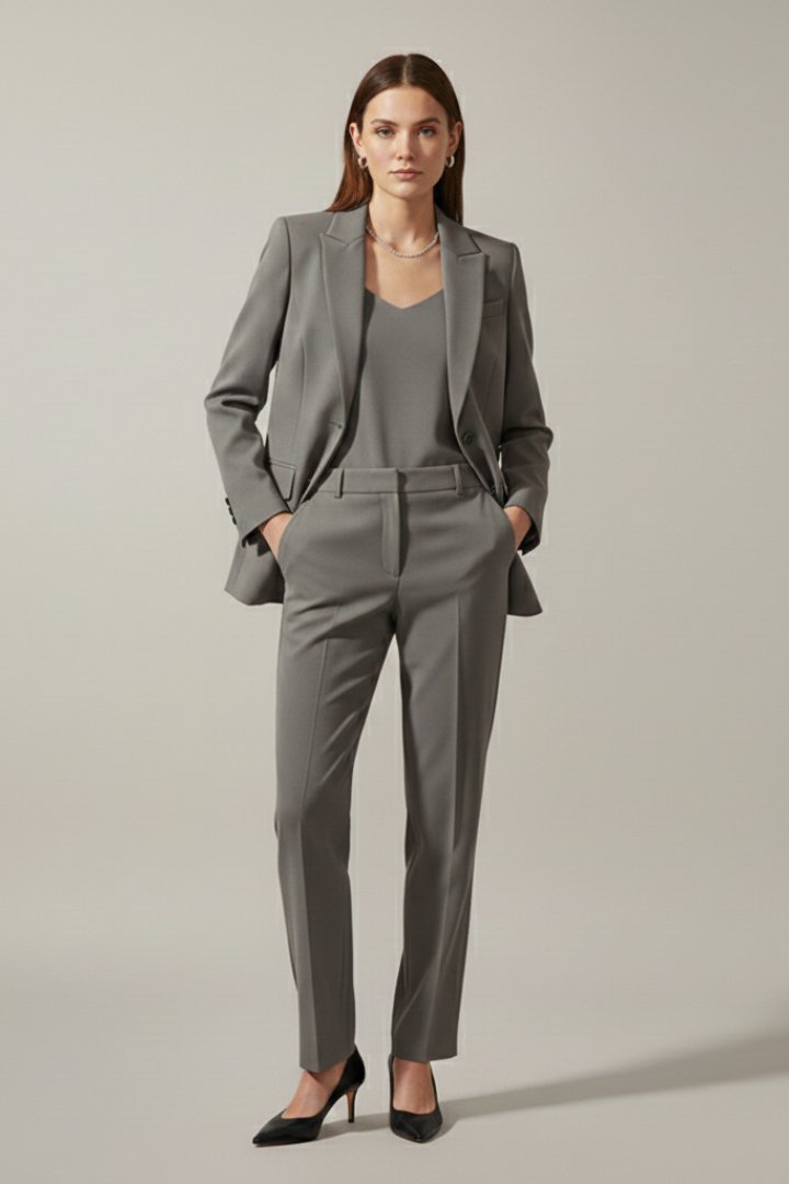 Two-Piece Suit Set with Notched Lapel Blazer and Trousers in Grey