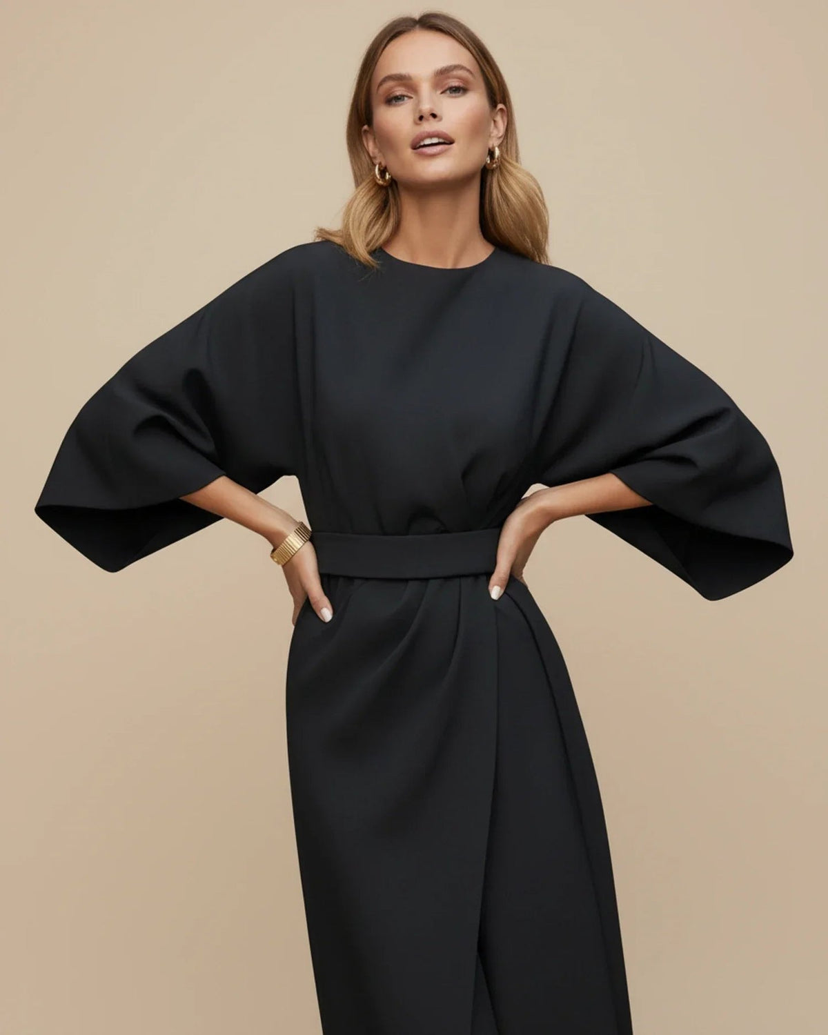 Wrap Midi Dress with Balloon Sleeves and a Tie Belt