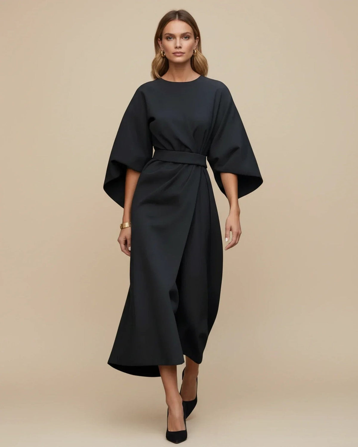 Wrap Midi Dress with Balloon Sleeves and a Tie Belt