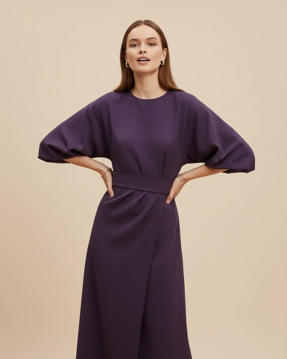 Wrap Midi Dress with Balloon Sleeves and a Tie Belt