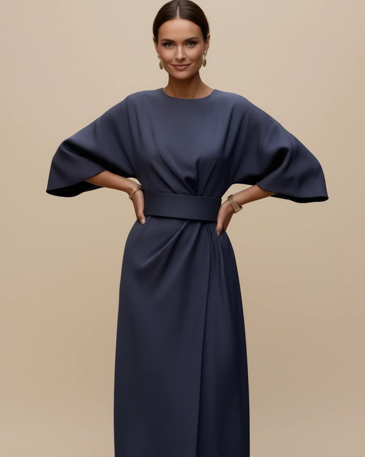 Wrap Midi Dress with Balloon Sleeves and a Tie Belt