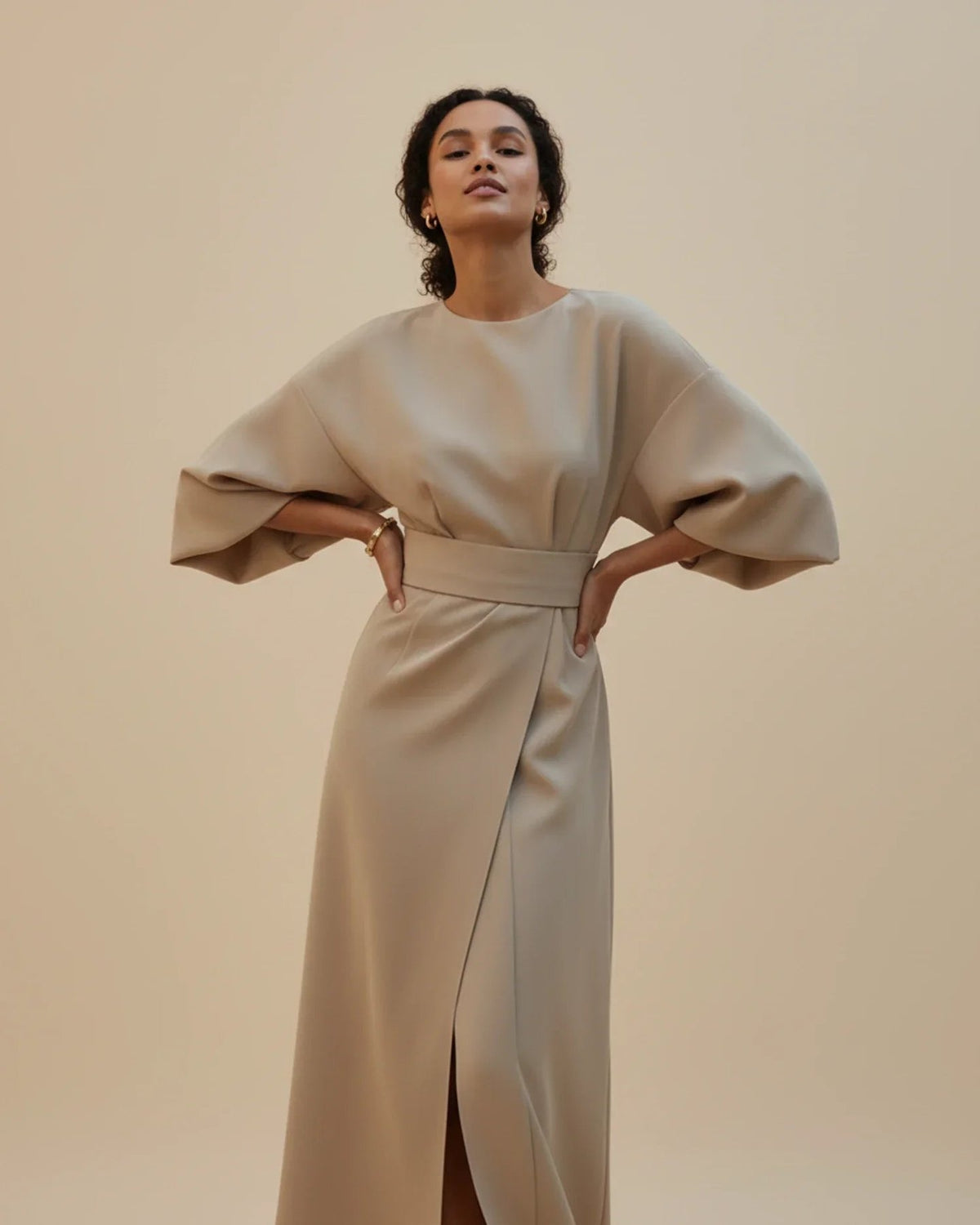 Wrap Midi Dress with Balloon Sleeves and a Tie Belt