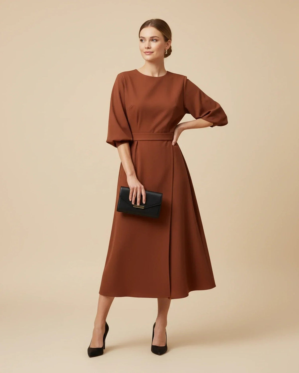 Wrap Midi Dress with Balloon Sleeves and a Tie Belt
