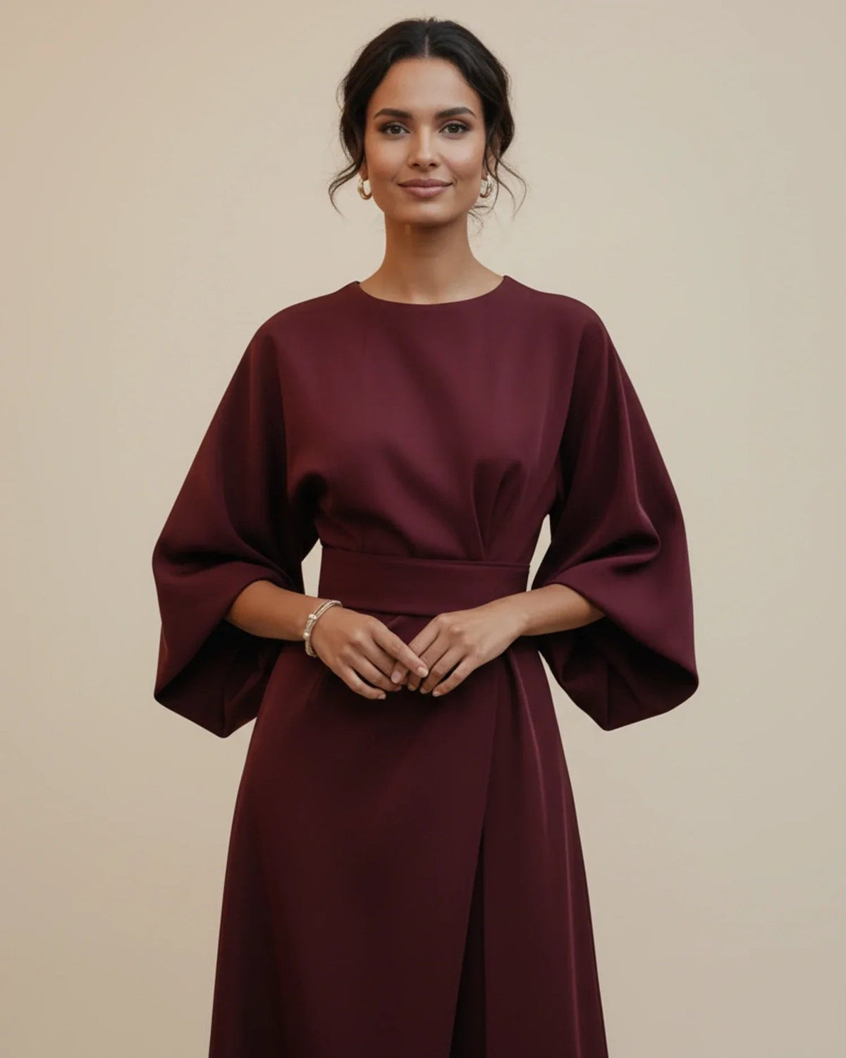 Wrap Midi Dress with Balloon Sleeves and a Tie Belt