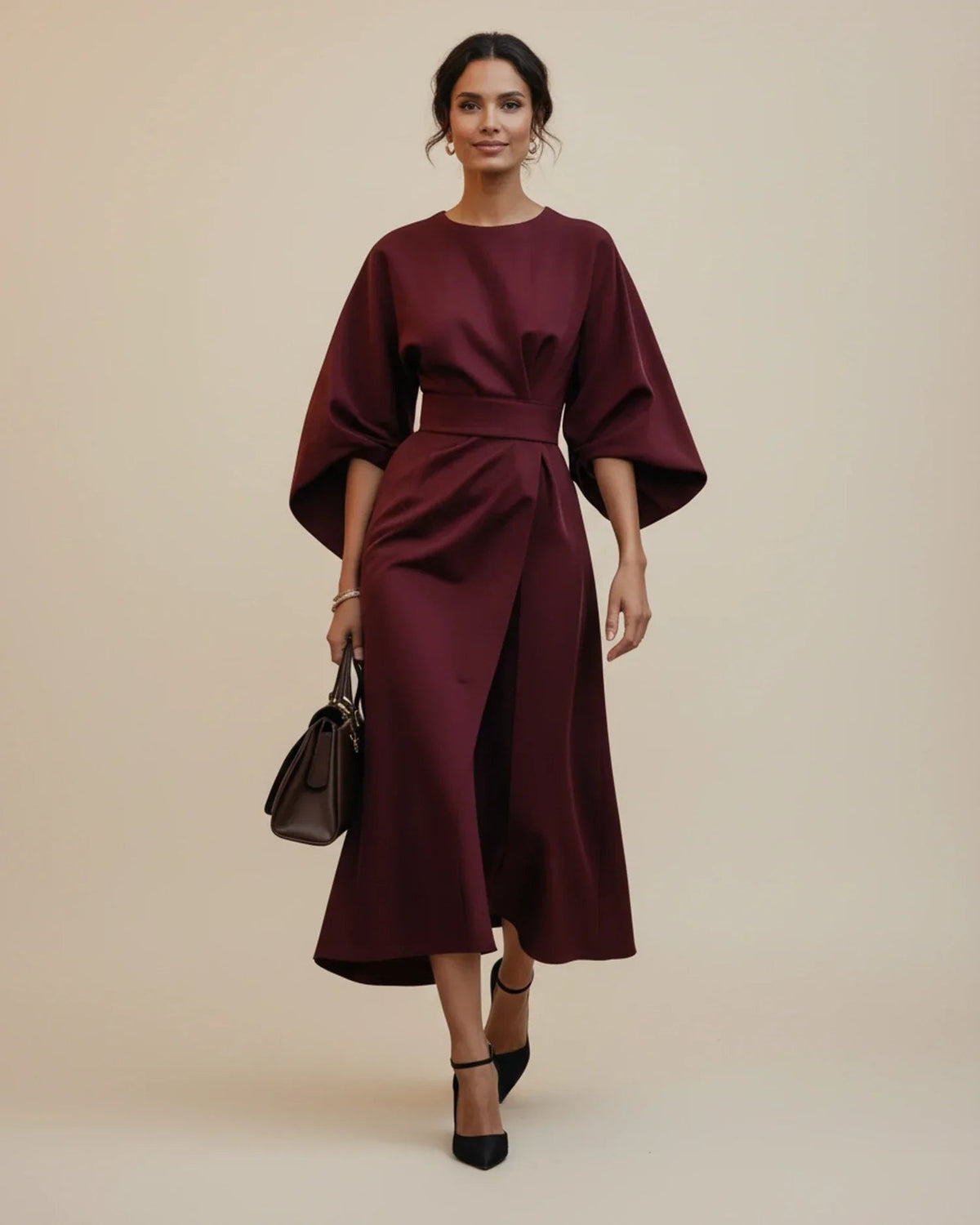 Wrap Midi Dress with Balloon Sleeves and a Tie Belt