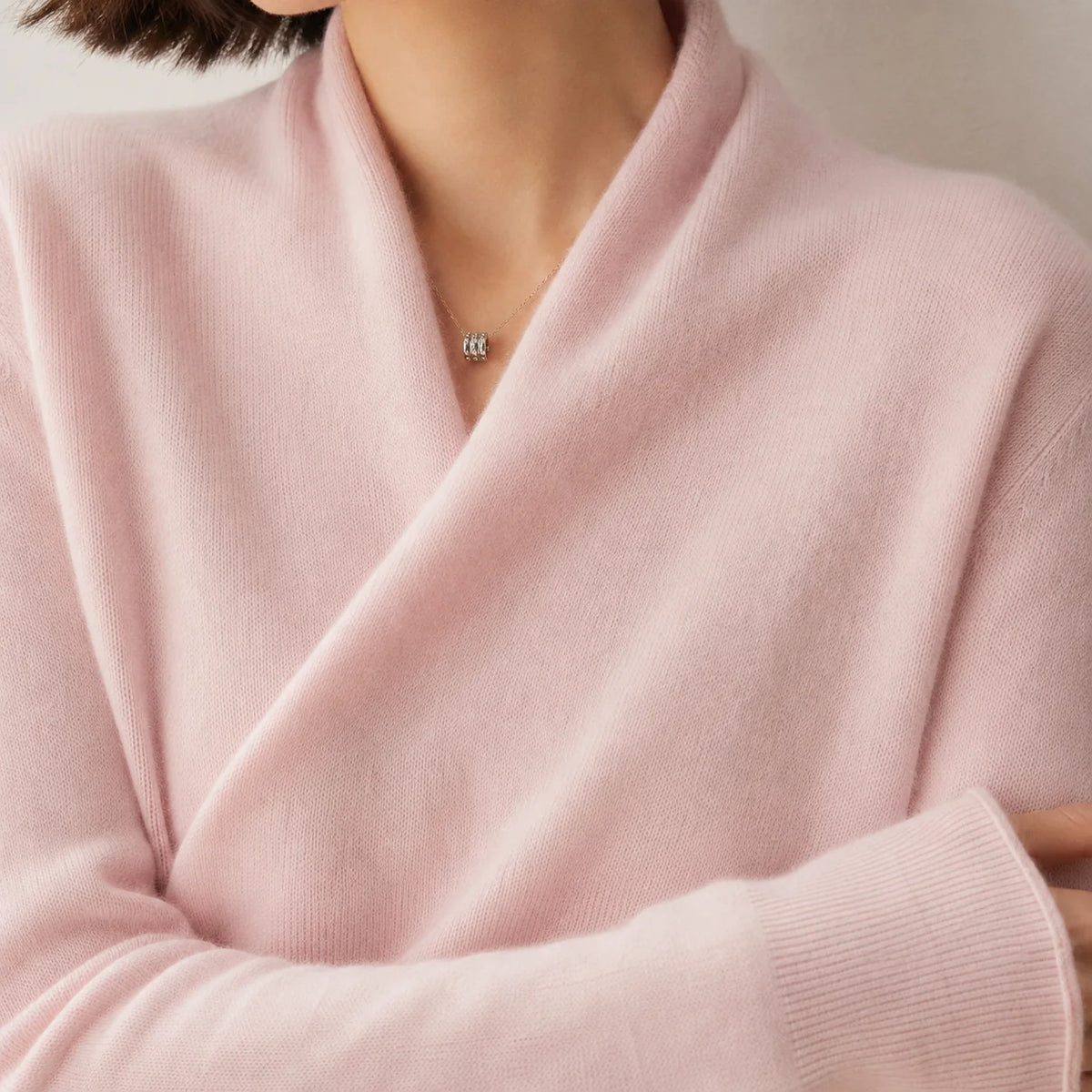 Crossover Front Sweater with a Shawl Collar and a Ribbed Waist