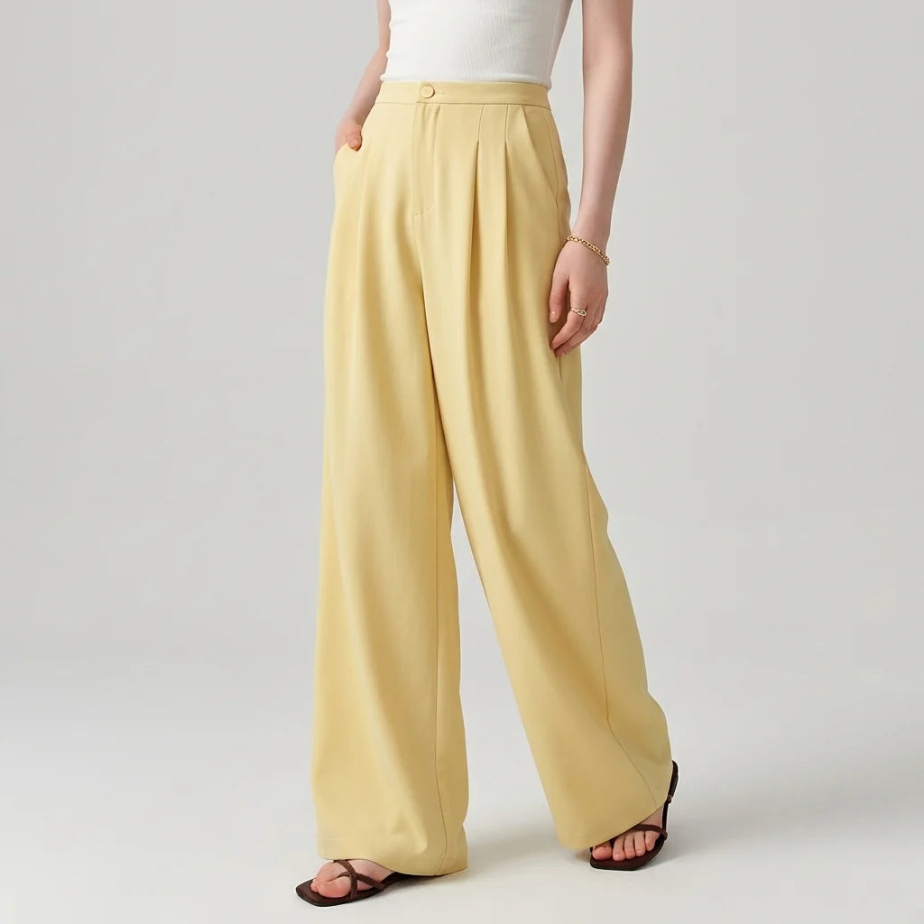 Pleated Wide Leg Trousers with Belt Loops and a Button Front