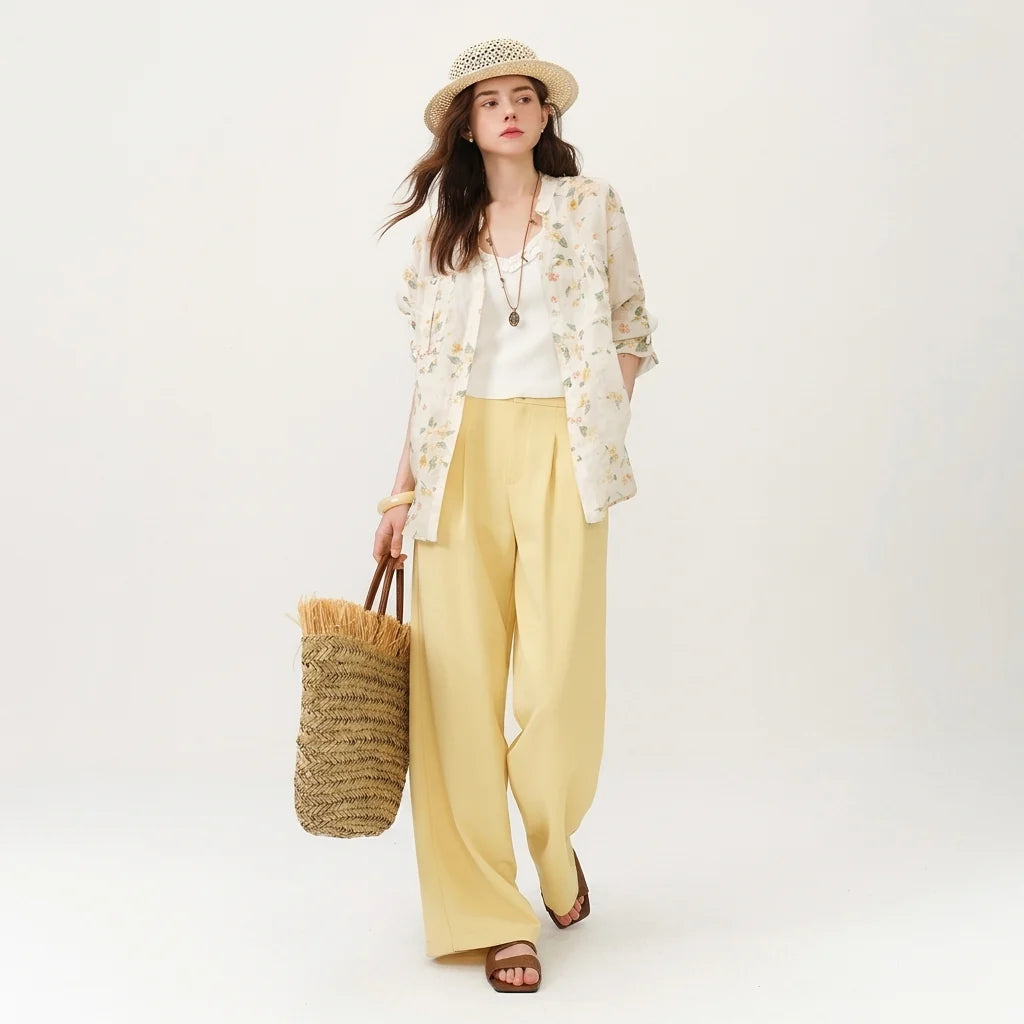 Pleated Wide Leg Trousers with Belt Loops and a Button Front