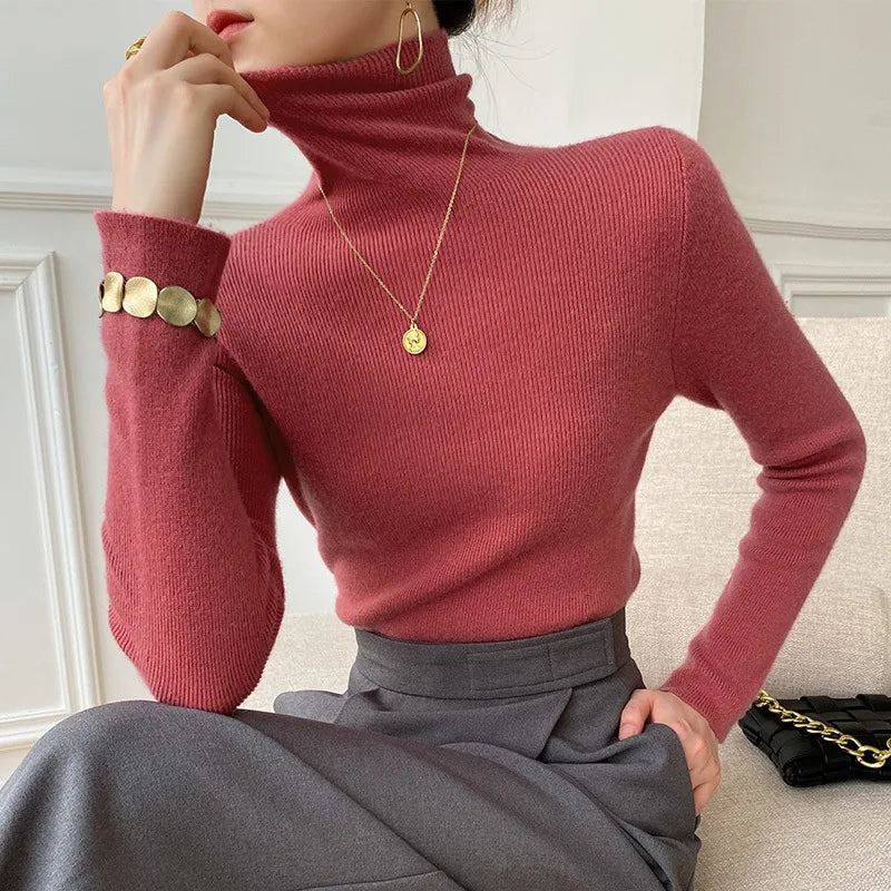 Fine Rib Turtleneck Sweater with a Folded Collar and Slim Fit