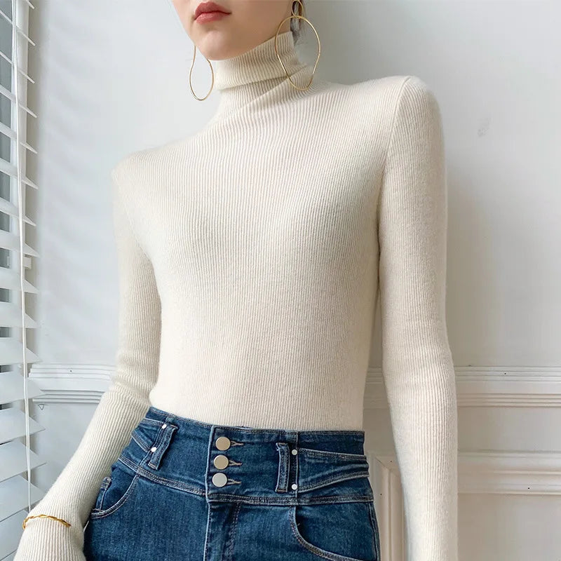 Fine Rib Turtleneck Sweater with a Folded Collar and Slim Fit