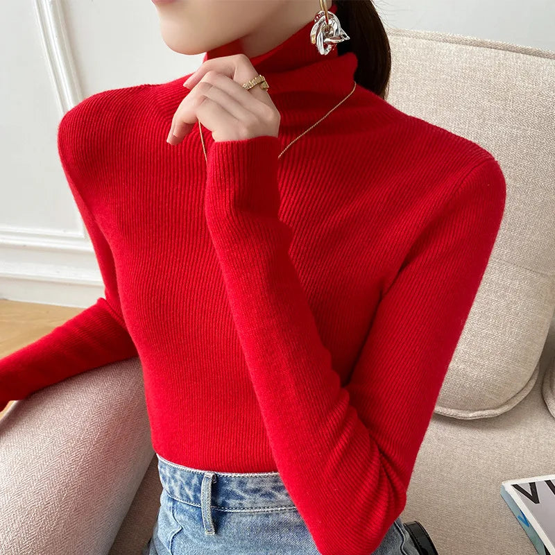 Fine Rib Turtleneck Sweater with a Folded Collar and Slim Fit