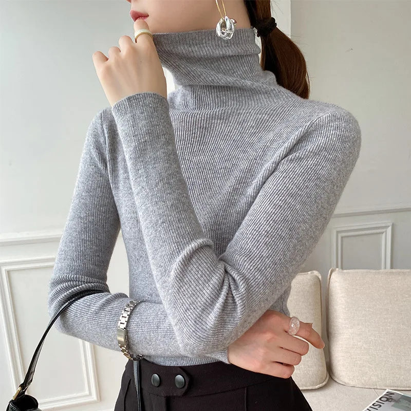 Fine Rib Turtleneck Sweater with a Folded Collar and Slim Fit