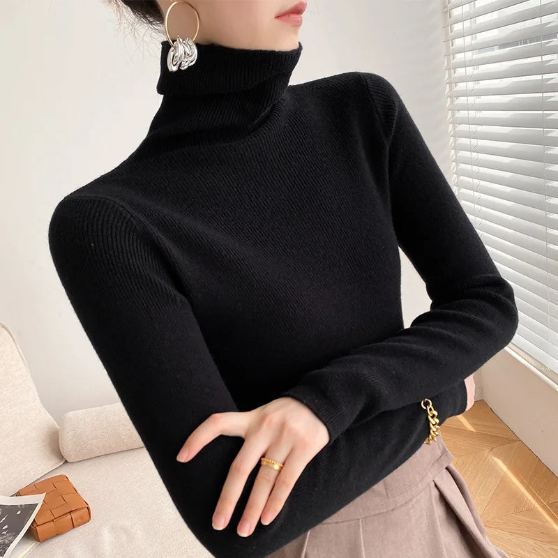 Fine Rib Turtleneck Sweater with a Folded Collar and Slim Fit
