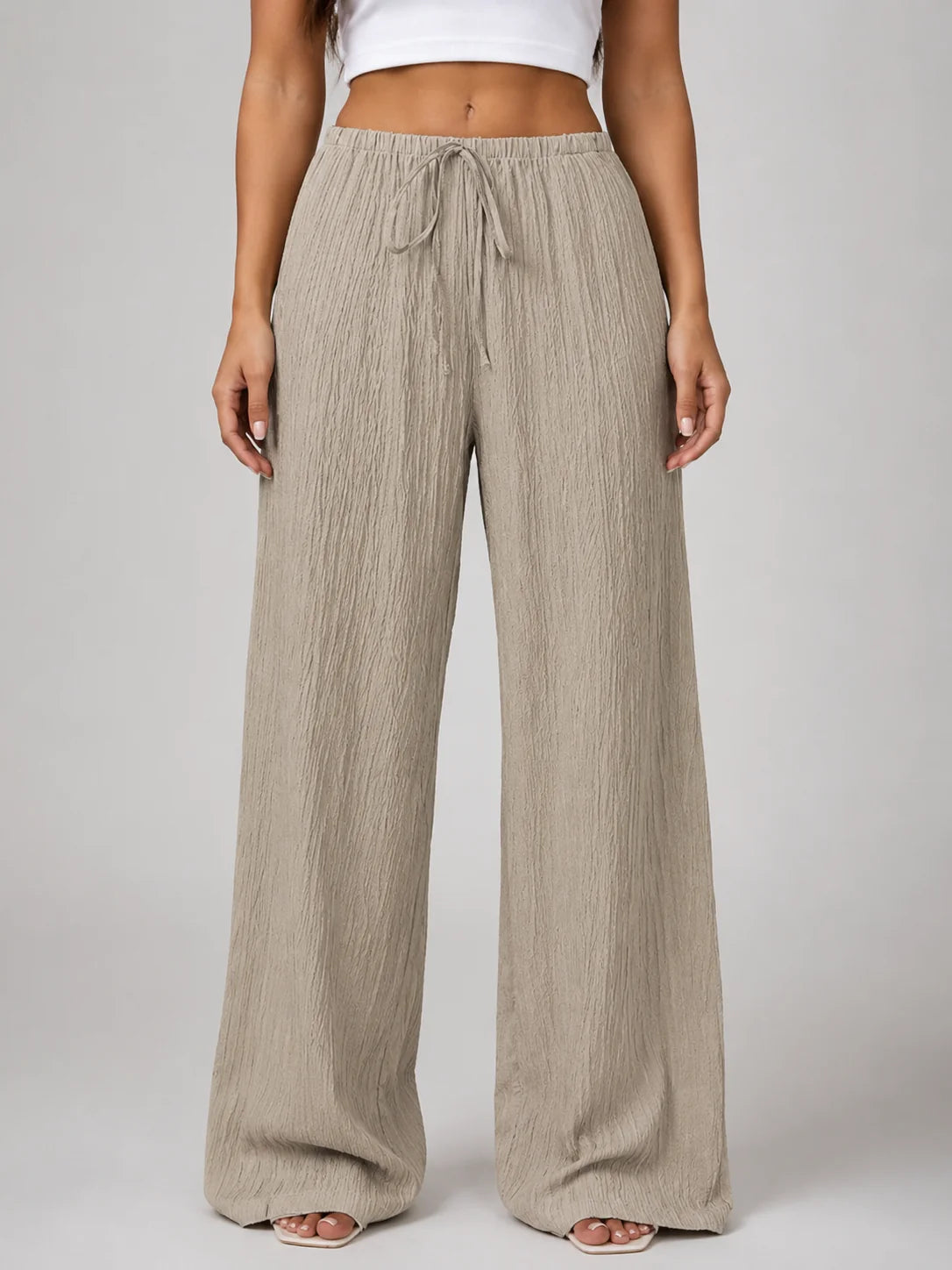 Crinkle Wide Leg Trousers with a Drawstring Waist and Pockets