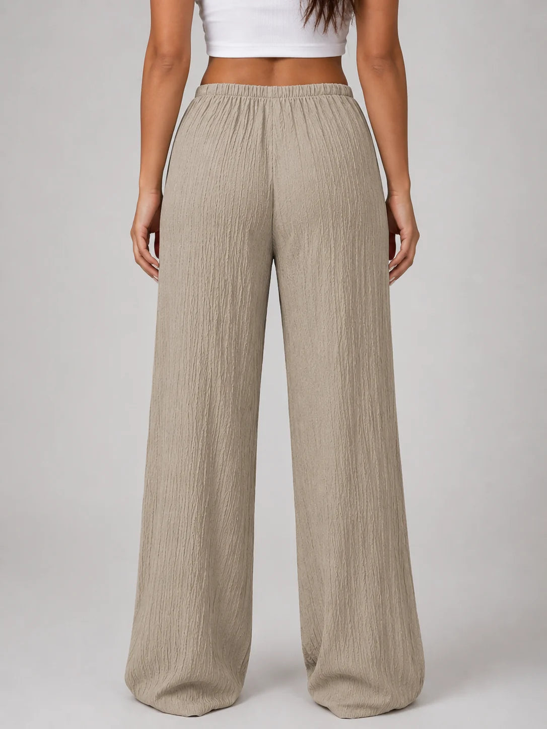 Crinkle Wide Leg Trousers with a Drawstring Waist and Pockets