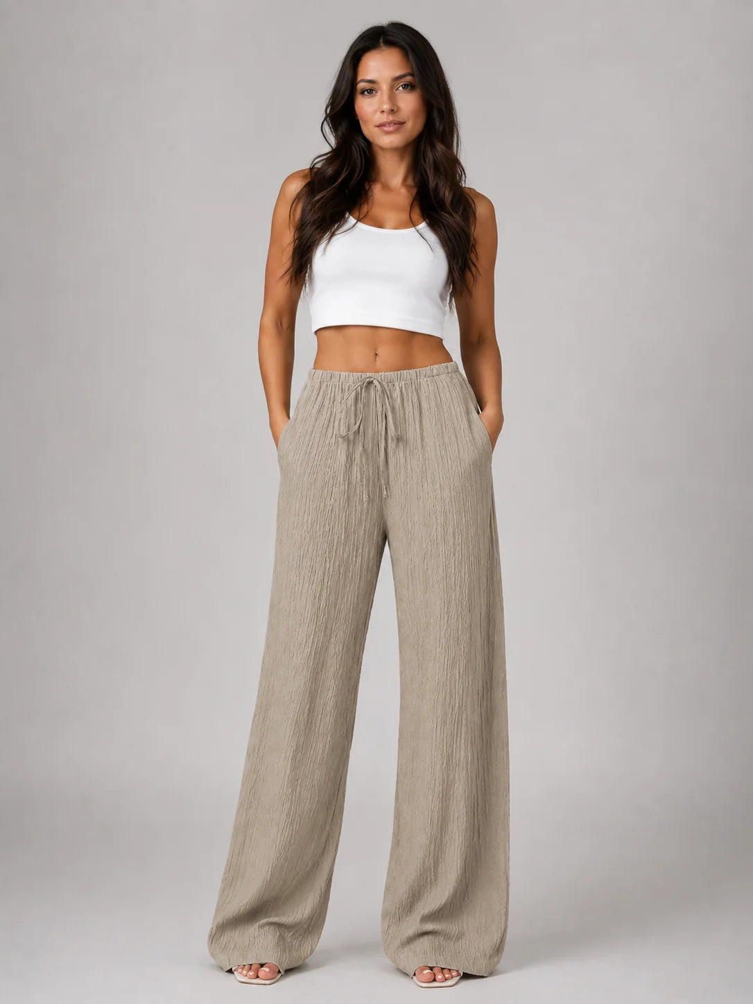 Crinkle Wide Leg Trousers with a Drawstring Waist and Pockets
